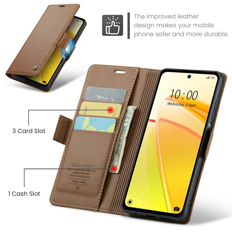 For Realme C55 4G Leather Case CASEME 023 RFID Blocking 3 Card Slot Mobile Cover - Brown