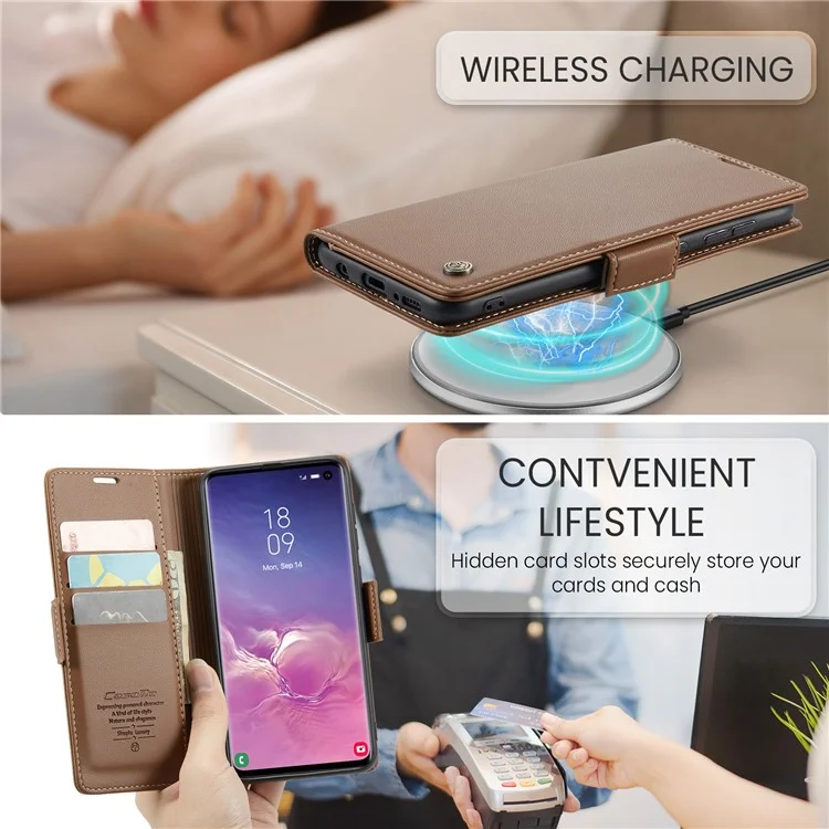For Samsung Galaxy S10 Leather Case CASEME 023 RFID Blocking 3 Card Slot Mobile Cover - Brown