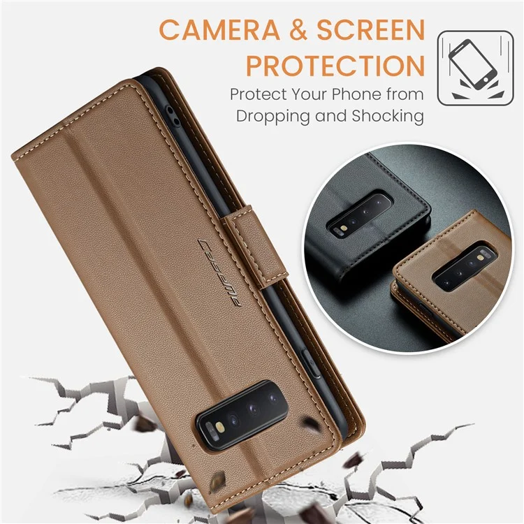 For Samsung Galaxy S10 Leather Case CASEME 023 RFID Blocking 3 Card Slot Mobile Cover - Brown