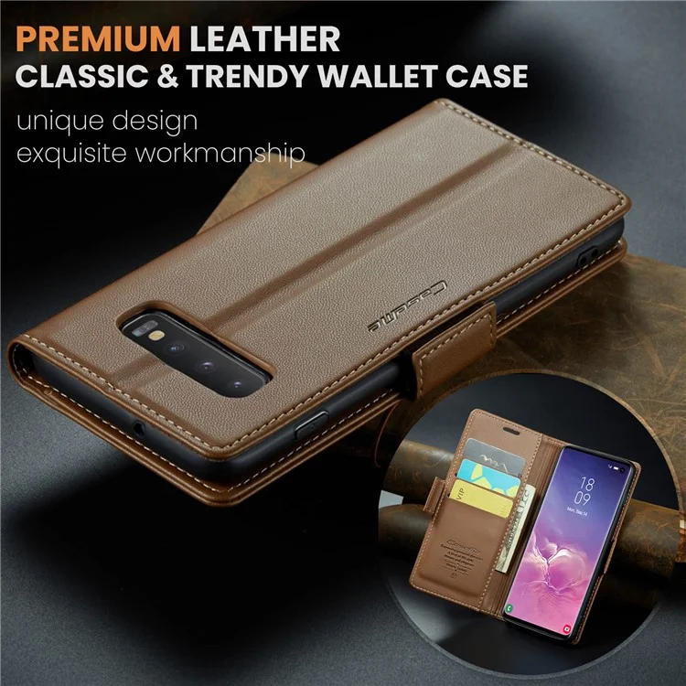 For Samsung Galaxy S10 Leather Case CASEME 023 RFID Blocking 3 Card Slot Mobile Cover - Brown