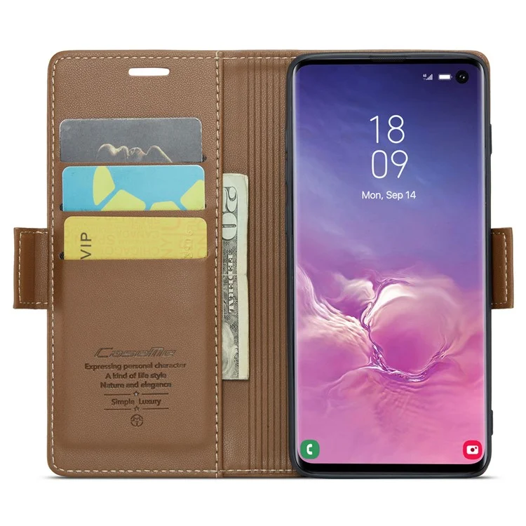 For Samsung Galaxy S10 Leather Case CASEME 023 RFID Blocking 3 Card Slot Mobile Cover - Brown