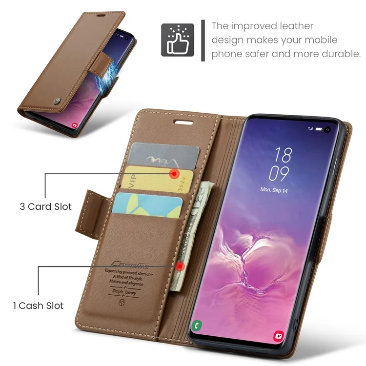 For Samsung Galaxy S10 Leather Case CASEME 023 RFID Blocking 3 Card Slot Mobile Cover - Brown