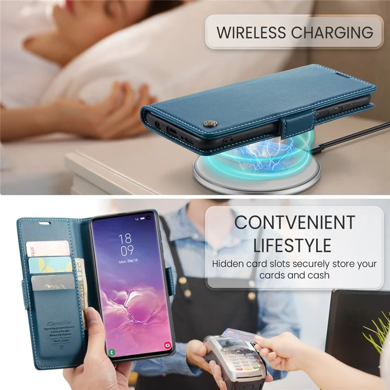 For Samsung Galaxy S10 Leather Case CASEME 023 RFID Blocking 3 Card Slot Mobile Cover - Blue