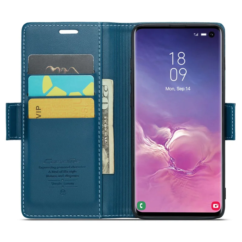 For Samsung Galaxy S10 Leather Case CASEME 023 RFID Blocking 3 Card Slot Mobile Cover - Blue