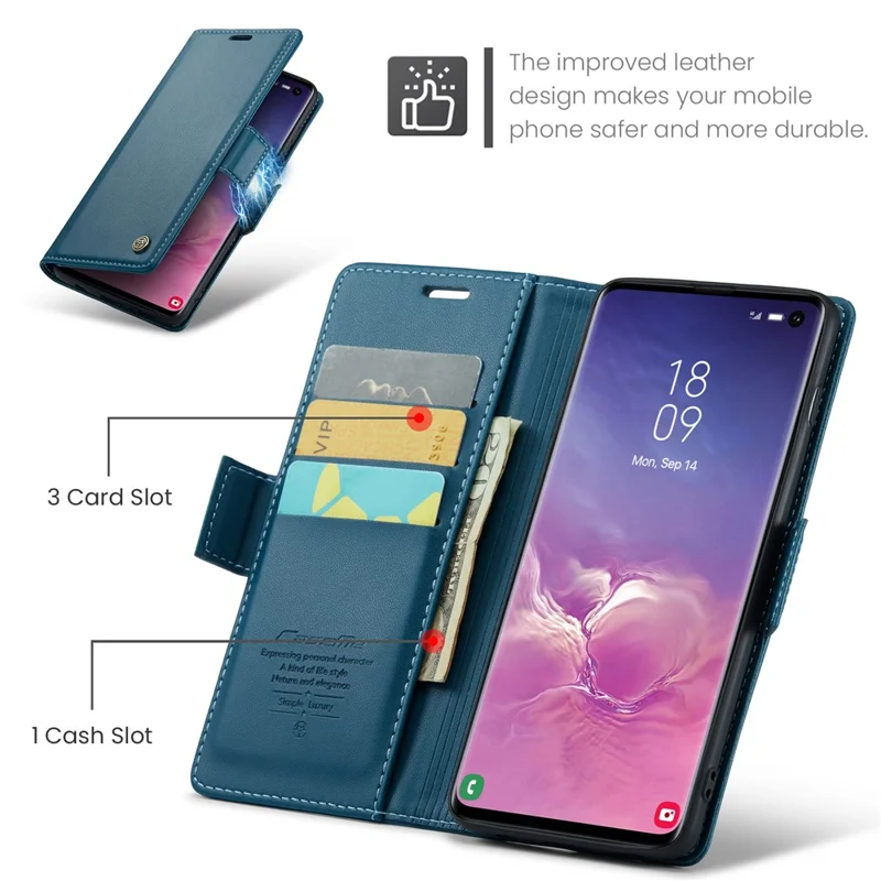 For Samsung Galaxy S10 Leather Case CASEME 023 RFID Blocking 3 Card Slot Mobile Cover - Blue