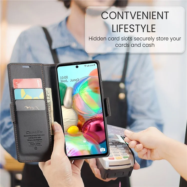 For Samsung Galaxy A71 4G SM-A715 Leather Case CASEME 023 RFID Blocking 3 Card Slot Mobile Cover - Black