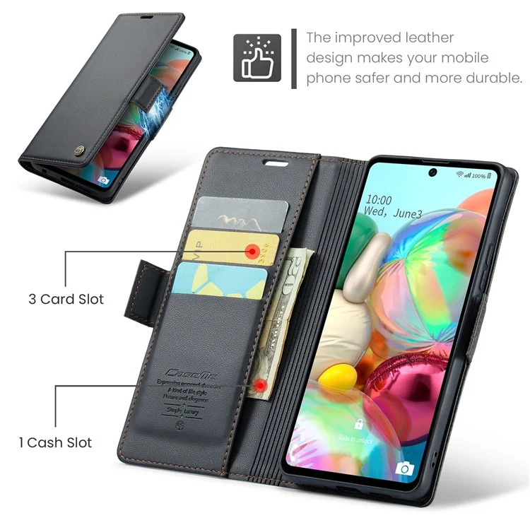 For Samsung Galaxy A71 4G SM-A715 Leather Case CASEME 023 RFID Blocking 3 Card Slot Mobile Cover - Black