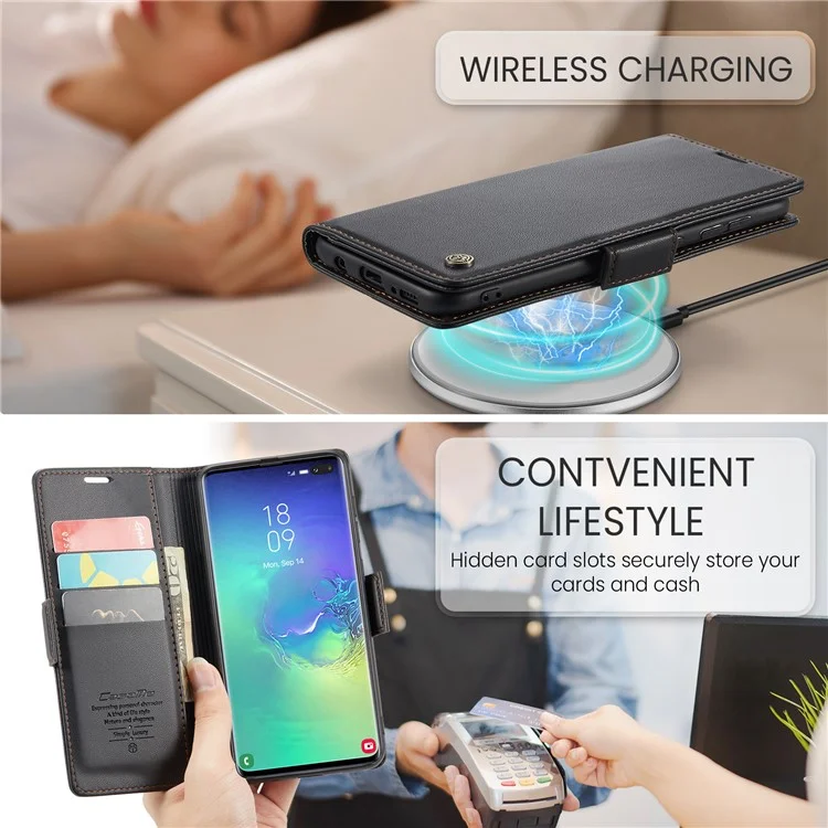 For Samsung Galaxy S10 Plus Leather Case CASEME 023 RFID Blocking 3 Card Slot Mobile Cover - Black