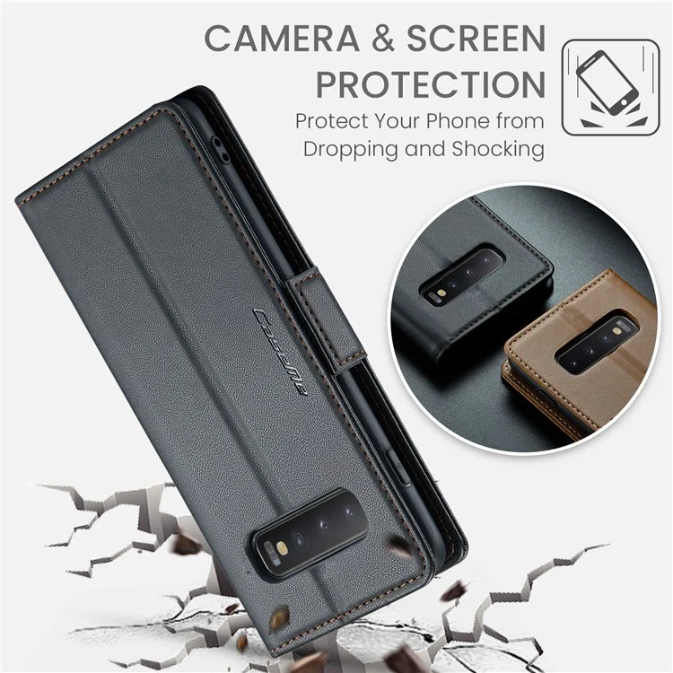 For Samsung Galaxy S10 Plus Leather Case CASEME 023 RFID Blocking 3 Card Slot Mobile Cover - Black