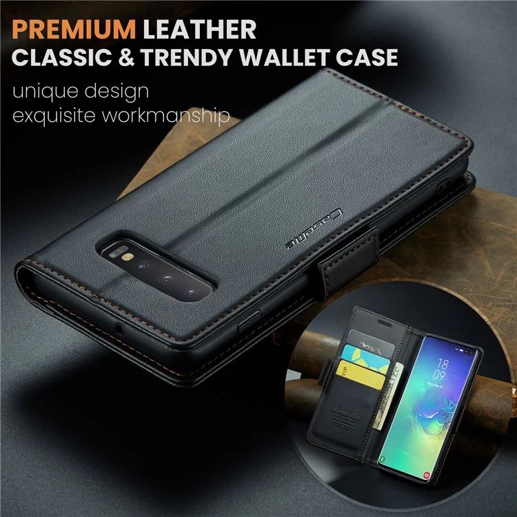 For Samsung Galaxy S10 Plus Leather Case CASEME 023 RFID Blocking 3 Card Slot Mobile Cover - Black
