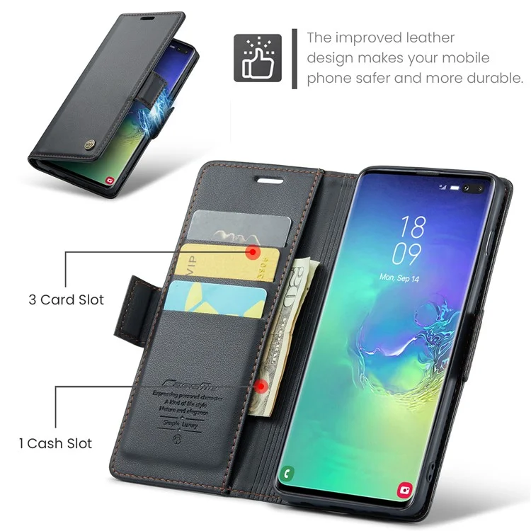 For Samsung Galaxy S10 Plus Leather Case CASEME 023 RFID Blocking 3 Card Slot Mobile Cover - Black
