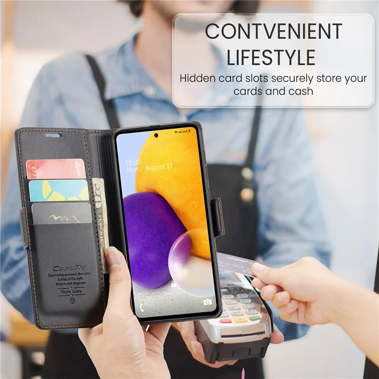 CASEME 023 Serie para Samsung Galaxy A72 4G / 5G Funda de cuero con bloqueo RFID para teléfono y cartera con soporte - Negro