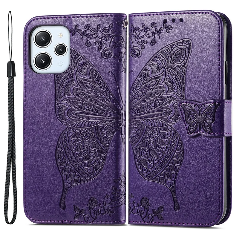 Pour Xiaomi Redmi 12 4G Étui portefeuille en cuir PU avec motif papillon - Violet