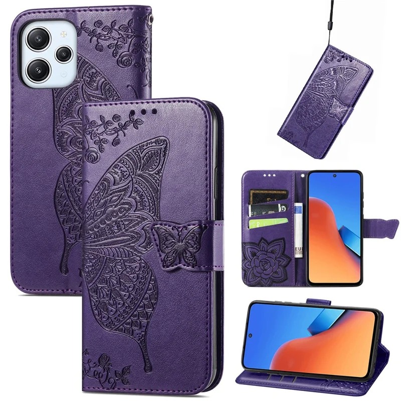 Pour Xiaomi Redmi 12 4G Étui portefeuille en cuir PU avec motif papillon - Violet