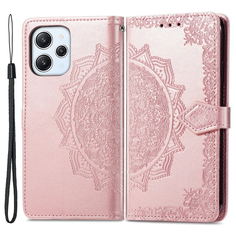 For Xiaomi Redmi 12 4G Embossed Mandala PU Leather Case Stand Wallet Phone Cover - Rose Gold