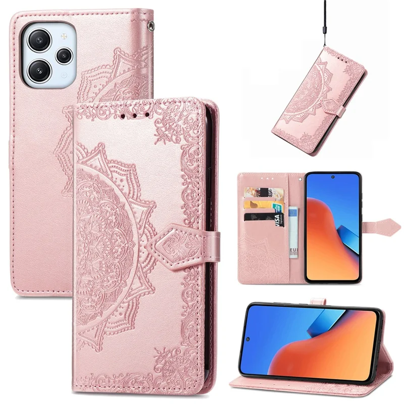 For Xiaomi Redmi 12 4G Embossed Mandala PU Leather Case Stand Wallet Phone Cover - Rose Gold