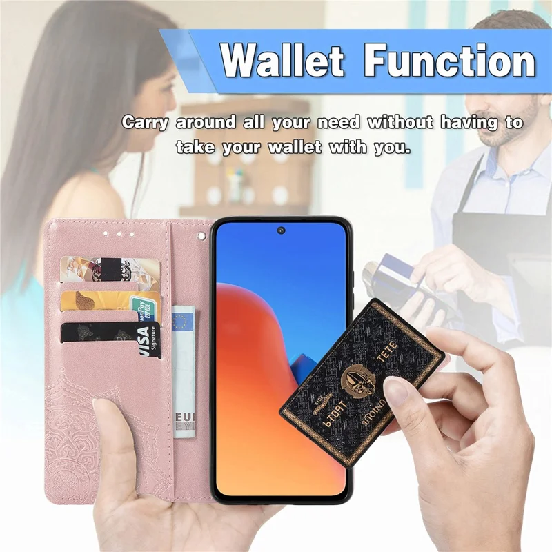 For Xiaomi Redmi 12 4G Embossed Mandala PU Leather Case Stand Wallet Phone Cover - Rose Gold