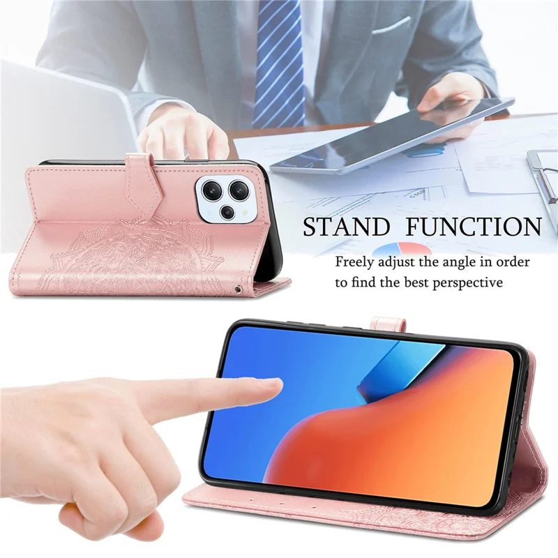 For Xiaomi Redmi 12 4G Embossed Mandala PU Leather Case Stand Wallet Phone Cover - Rose Gold