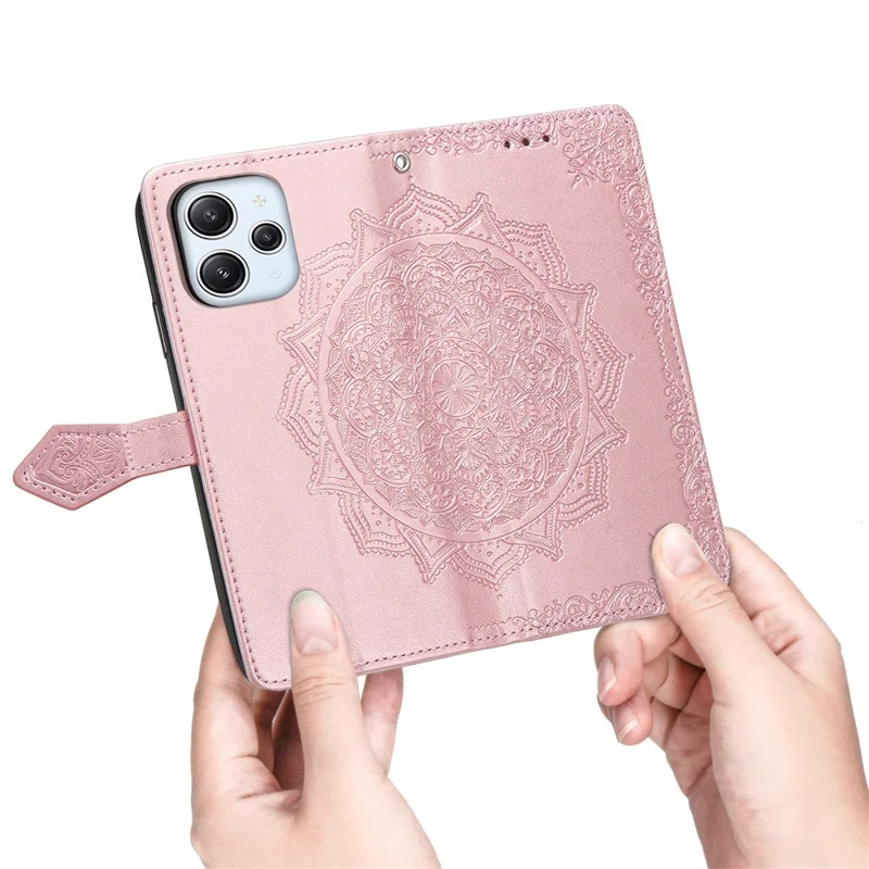 For Xiaomi Redmi 12 4G Embossed Mandala PU Leather Case Stand Wallet Phone Cover - Rose Gold
