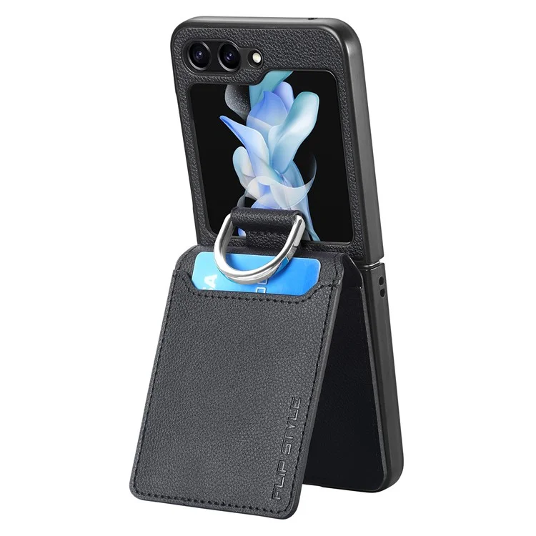 Per Samsung Galaxy Z Flip5 5G Litchi Texture PU Leather+PC Phone Case Card Slot Kickstand Cover with Finger Ring - Nero