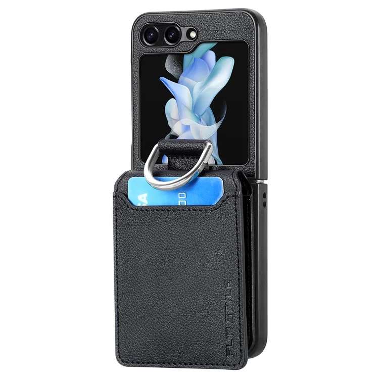 Per Samsung Galaxy Z Flip5 5G Litchi Texture PU Leather+PC Phone Case Card Slot Kickstand Cover with Finger Ring - Nero