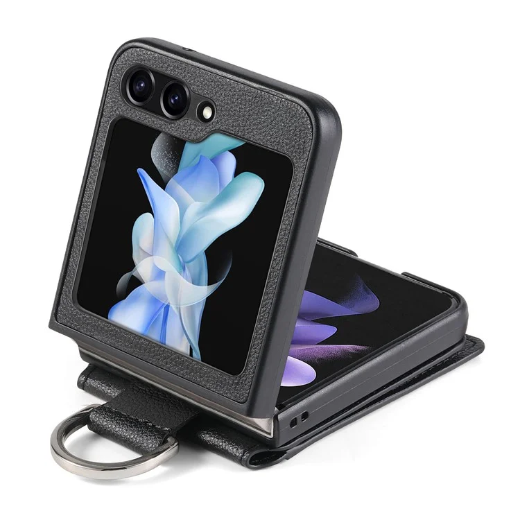 Per Samsung Galaxy Z Flip5 5G Litchi Texture PU Leather+PC Phone Case Card Slot Kickstand Cover with Finger Ring - Nero