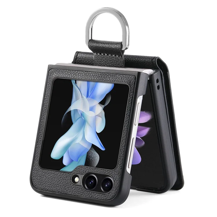 Per Samsung Galaxy Z Flip5 5G Litchi Texture PU Leather+PC Phone Case Card Slot Kickstand Cover with Finger Ring - Nero