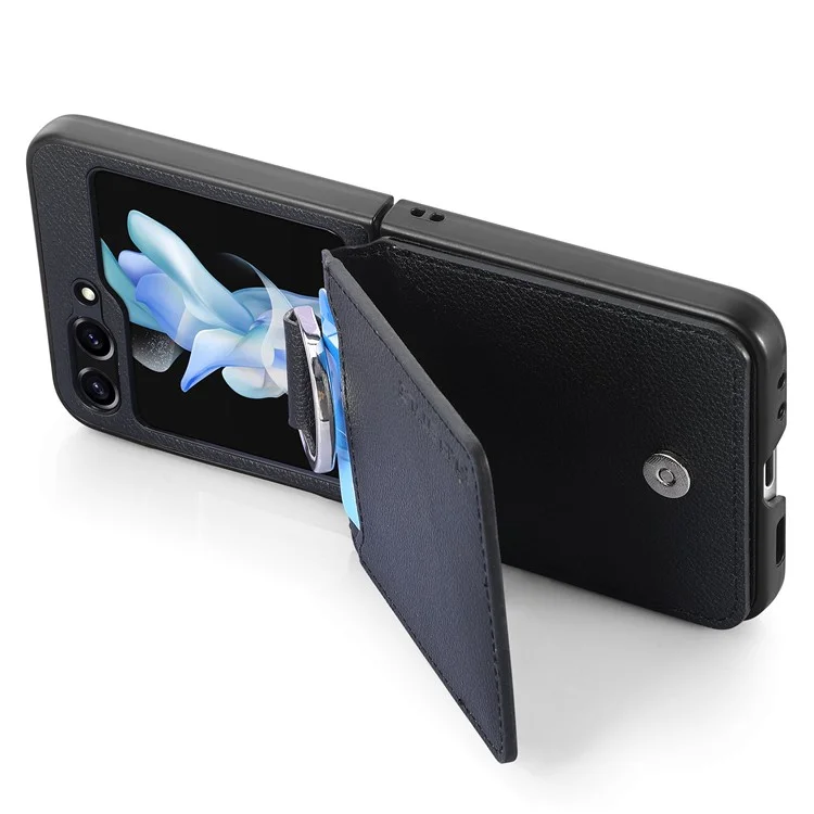 Per Samsung Galaxy Z Flip5 5G Litchi Texture PU Leather+PC Phone Case Card Slot Kickstand Cover with Finger Ring - Nero