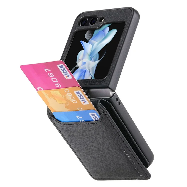 Per Samsung Galaxy Z Flip5 5G Litchi Texture PU Leather+PC Phone Case Card Slot Kickstand Cover with Finger Ring - Nero