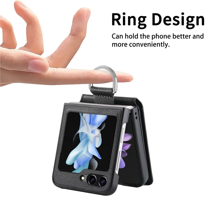 Per Samsung Galaxy Z Flip5 5G Litchi Texture PU Leather+PC Phone Case Card Slot Kickstand Cover with Finger Ring - Nero