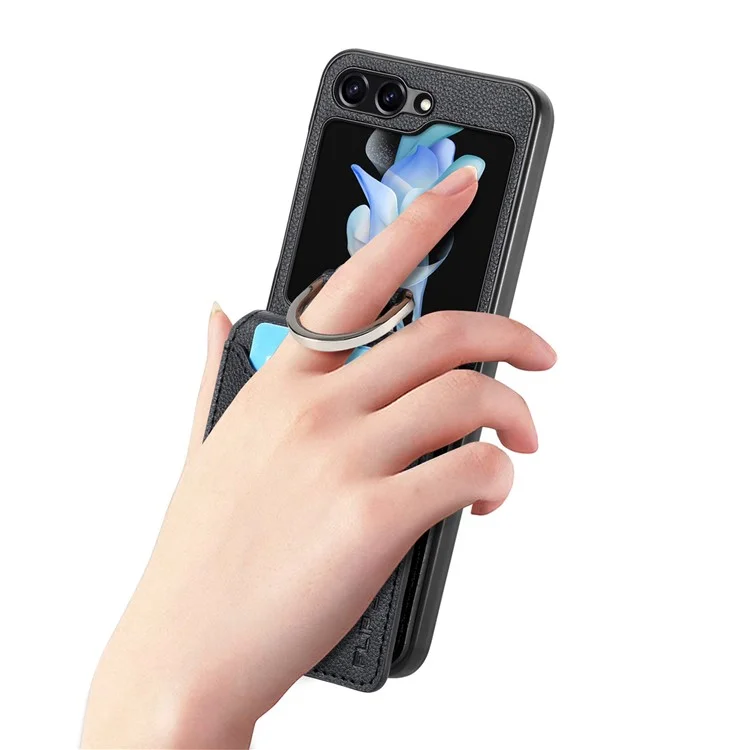 Per Samsung Galaxy Z Flip5 5G Litchi Texture PU Leather+PC Phone Case Card Slot Kickstand Cover with Finger Ring - Nero
