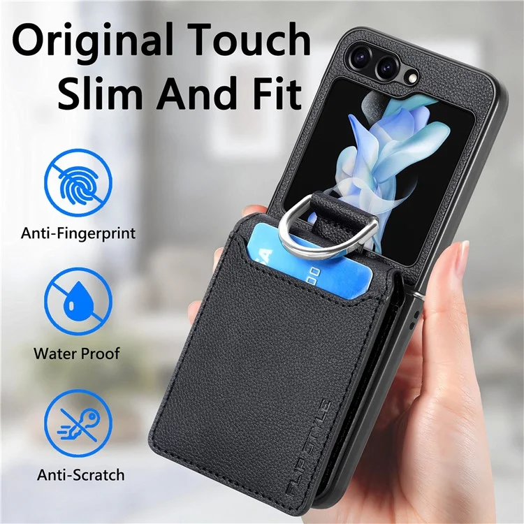 Per Samsung Galaxy Z Flip5 5G Litchi Texture PU Leather+PC Phone Case Card Slot Kickstand Cover with Finger Ring - Nero