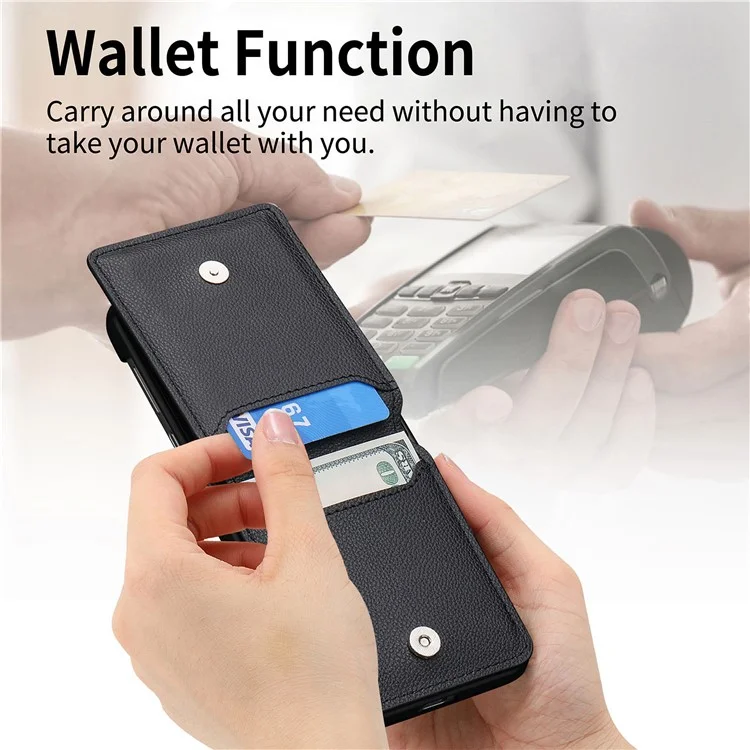 Per Samsung Galaxy Z Flip5 5G Litchi Texture PU Leather+PC Phone Case Card Slot Kickstand Cover with Finger Ring - Nero