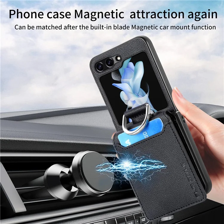 Per Samsung Galaxy Z Flip5 5G Litchi Texture PU Leather+PC Phone Case Card Slot Kickstand Cover with Finger Ring - Nero