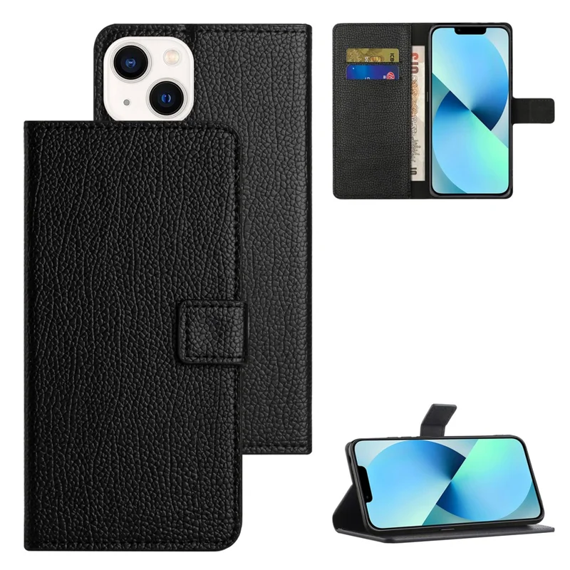 Étui portefeuille pour iPhone 15 Plus avec texture litchi, Étui de protection en cuir PU avec support - Noir