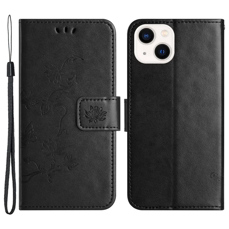 PU Leather Wallet Phone Case for iPhone 15 , Butterfly Flower Imprinted Stand Smartphone Cover - Black