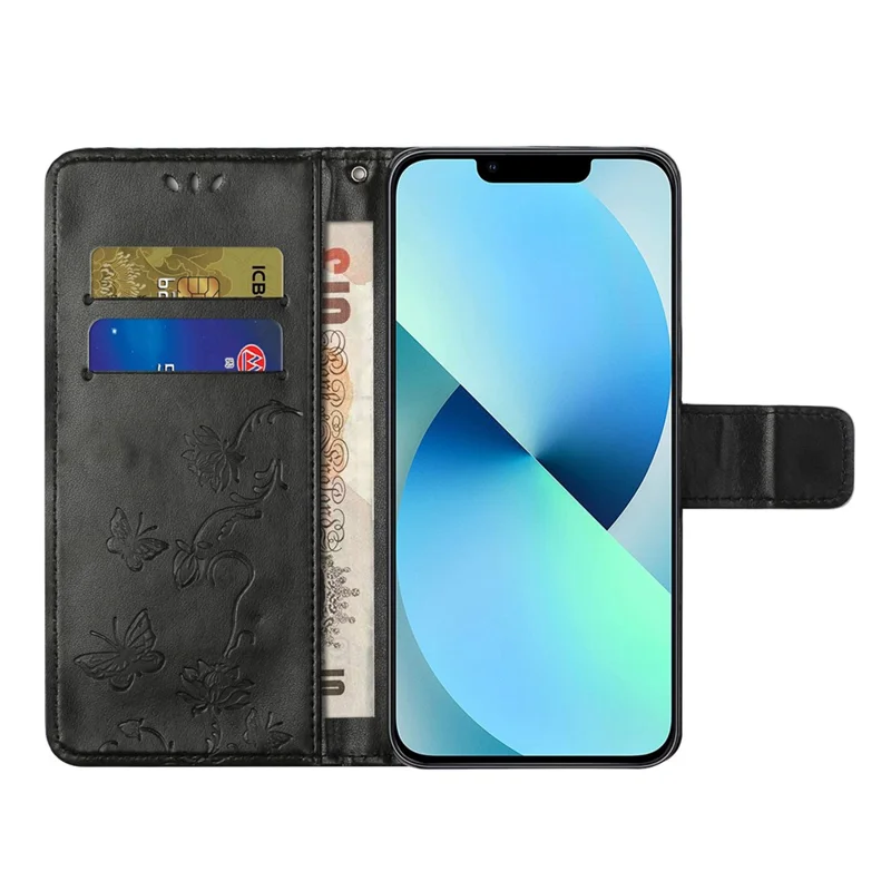 PU Leather Wallet Phone Case for iPhone 15 , Butterfly Flower Imprinted Stand Smartphone Cover - Black