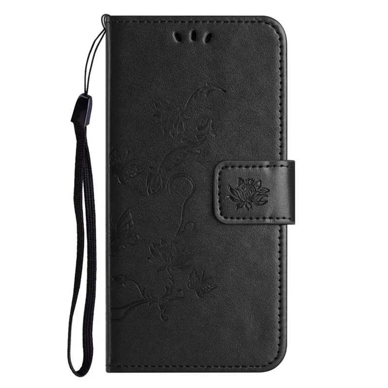 PU Leather Wallet Phone Case for iPhone 15 , Butterfly Flower Imprinted Stand Smartphone Cover - Black