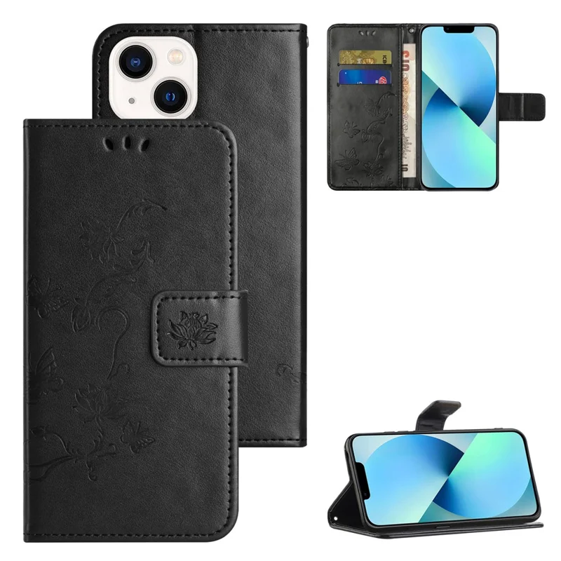 PU Leather Wallet Phone Case for iPhone 15 , Butterfly Flower Imprinted Stand Smartphone Cover - Black