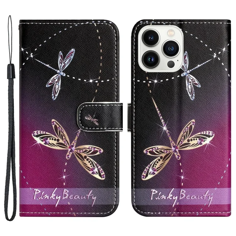 Para iPhone 15 Pro Max Wallet Case PU Leather 3D Pattern Printing Stand Phone Cover - Dragonflies