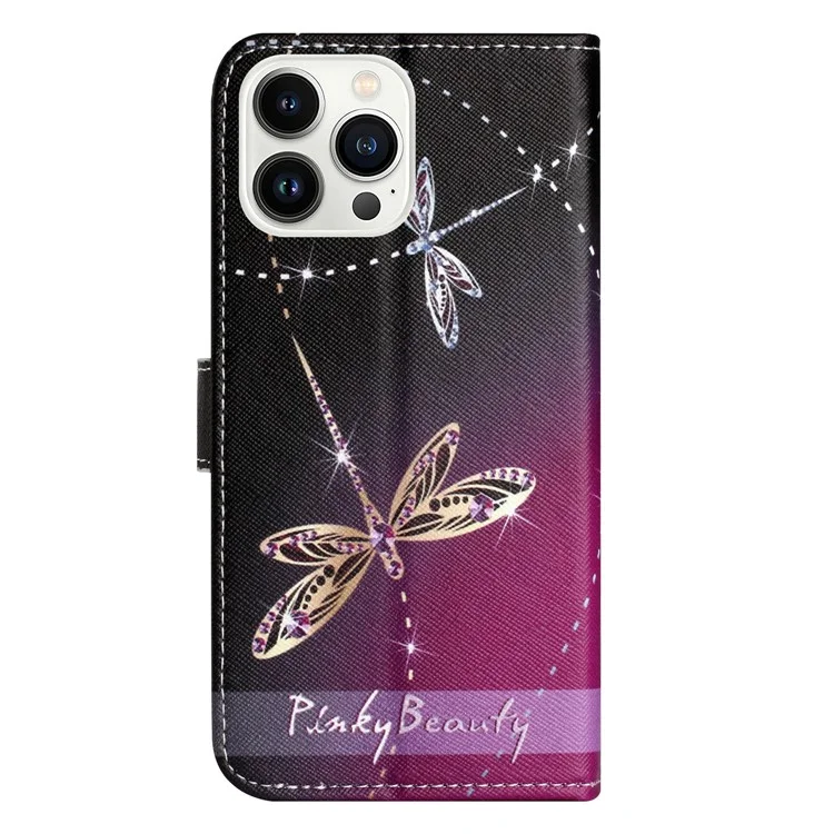 Para iPhone 15 Pro Max Wallet Case PU Leather 3D Pattern Printing Stand Phone Cover - Dragonflies