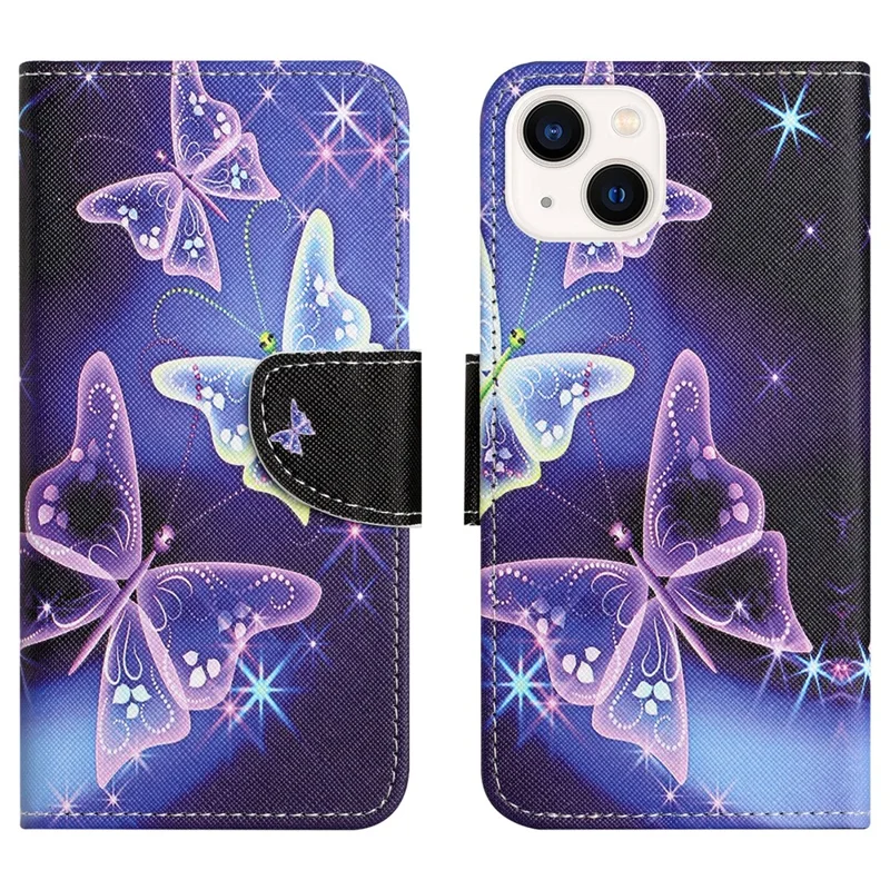 For iPhone 15 Plus PU Leather Wallet Case Pattern Printing Stand Phone Cover - Sparkling Butterflies