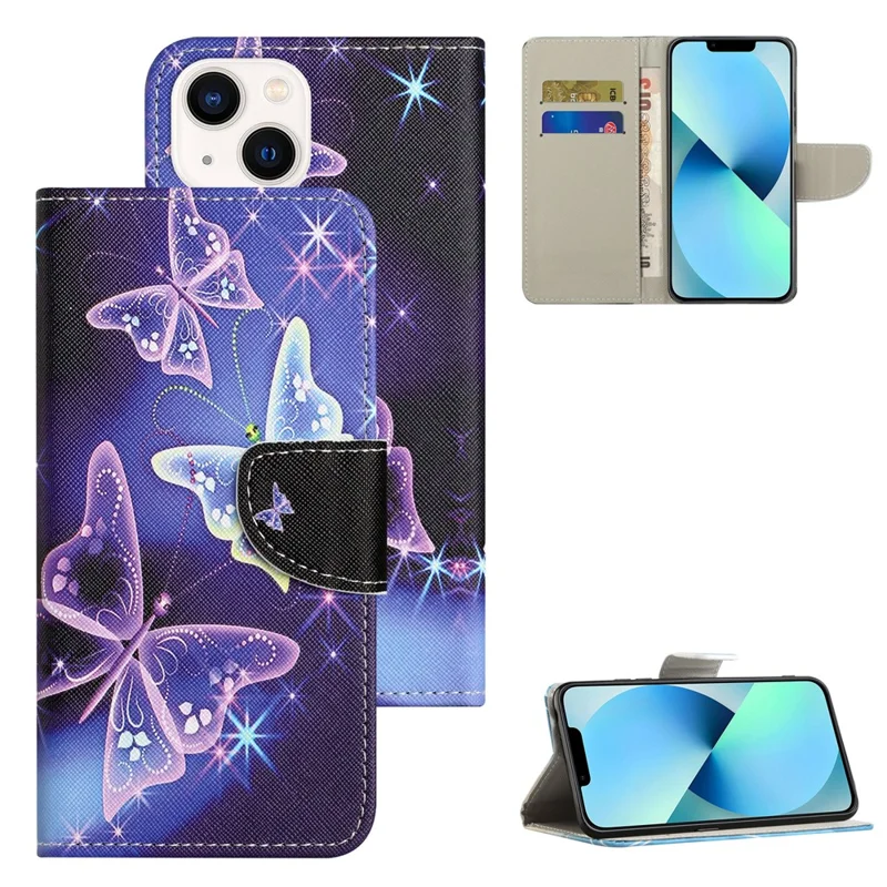 For iPhone 15 Plus PU Leather Wallet Case Pattern Printing Stand Phone Cover - Sparkling Butterflies