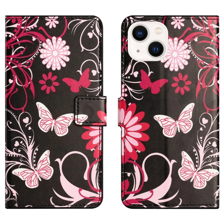 Für iPhone 15 Plus Folio Wallet Case PU Leder Musterbedruckung Ständer Telefonabdeckung - Schwarz / Schmetterlinge