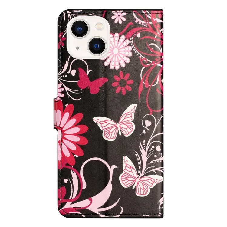 Für iPhone 15 Plus Folio Wallet Case PU Leder Musterbedruckung Ständer Telefonabdeckung - Schwarz / Schmetterlinge