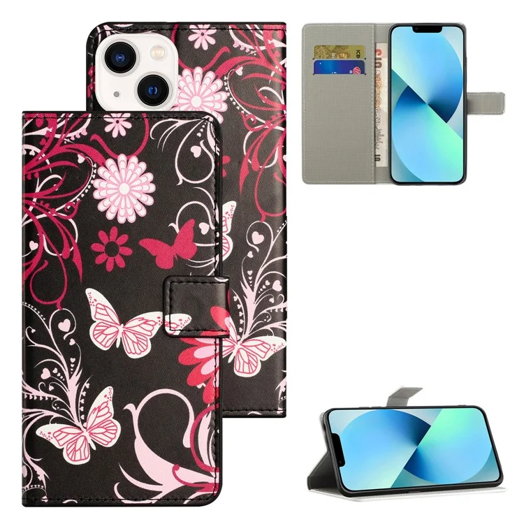 Für iPhone 15 Plus Folio Wallet Case PU Leder Musterbedruckung Ständer Telefonabdeckung - Schwarz / Schmetterlinge