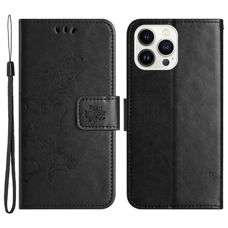 Butterfly Flower Imprinted Leather Case for iPhone 15 Pro , Stand Waller Protective Phone Cover - Black