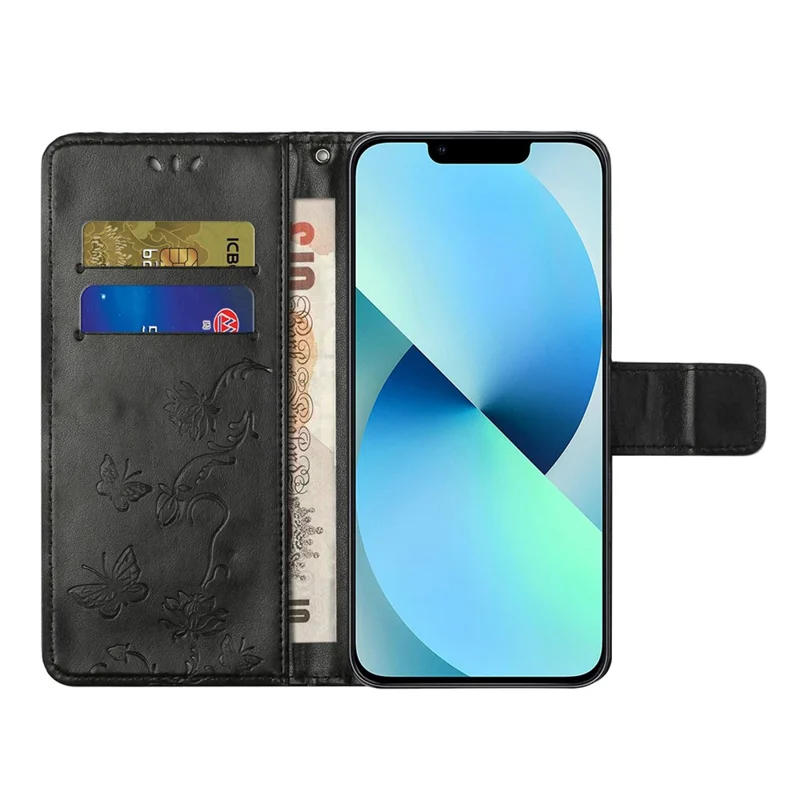 Butterfly Flower Imprinted Leather Case for iPhone 15 Pro , Stand Waller Protective Phone Cover - Black