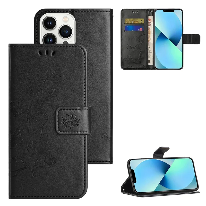 Butterfly Flower Imprinted Leather Case for iPhone 15 Pro , Stand Waller Protective Phone Cover - Black