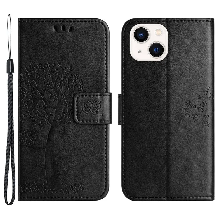 Per iPhone 15 Plus Stand Wallet Phone Cover PU Leather + TPU Owl Tree Imprinted Case - Nero